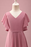 Desert Rose Mousseline de soie Batwing Manches Une ligne à volants Junior Robe de demoiselle d’honneur