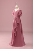 Desert Rose Mousseline de soie Batwing Manches Une ligne à volants Junior Robe de demoiselle d’honneur