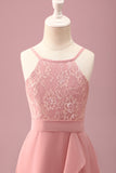 Blush Halter Neck A-ligne Robe de demoiselle d’honneur junior en mousseline de soie avec volants