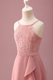 Blush Halter Neck A-ligne Robe de demoiselle d’honneur junior en mousseline de soie avec volants