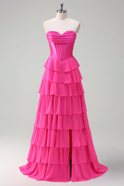 Robe de soirée fuchsia ligne A sans bretelles à volants