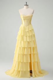 Robe de soirée jaune ligne A sans bretelles à volants