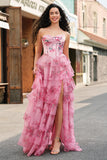 Floral Une ligne sans bretelles Corset Robe de Bal Blush Tier avec Fente