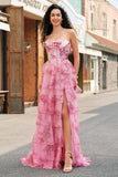 Floral Une ligne sans bretelles Corset Robe de Bal Blush Tier avec Fente