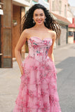 Floral Une ligne sans bretelles Corset Robe de Bal Blush Tier avec Fente