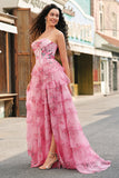 Floral Une ligne sans bretelles Corset Robe de Bal Blush Tier avec Fente