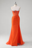 Robe de bal corset perlée à bretelles spaghetti orange