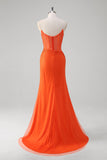 Robe de bal corset perlée à bretelles spaghetti orange