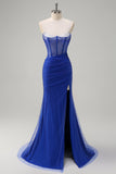 Robe de bal longue avec fente de sirène corset bleu royal avec perles