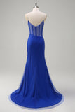 Robe de bal longue avec fente de sirène corset bleu royal avec perles