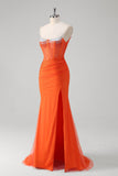 Robe de bal corset perlée à bretelles spaghetti orange