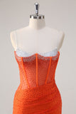 Robe de bal corset perlée à bretelles spaghetti orange