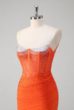 Robe de bal corset perlée à bretelles spaghetti orange