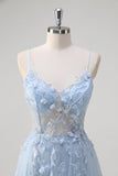 Bleu A Ligne Spaghetti Bretelles Appliqué Corset Robe Longue De Bal Avec Tulle