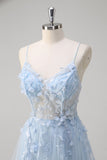 Bleu A Ligne Spaghetti Bretelles Appliqué Corset Robe Longue De Bal Avec Tulle