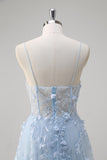 Bleu A Ligne Spaghetti Bretelles Appliqué Corset Robe Longue De Bal Avec Tulle