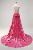 Fuchsia A-ligne Spaghetti Straps Robe de Bal Longue Plissé Métallisée avec Fente