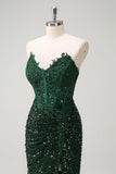 Sirène scintillante Sweetheart Corset vert foncé Paillettes dentelle robe de bal avec fente