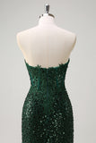 Sirène scintillante Sweetheart Corset vert foncé Paillettes dentelle robe de bal avec fente