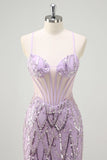 Sirène lilas Spaghetti bretelles Corset Sequin Robe longue de Soirée
