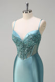 Sparkly gris vert sirène spaghetti bretelles Corset longue robe de bal avec fente