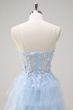 Robe de bal corset longue corset en tulle bleu clair A-traple à plusieurs niveaux avec fente