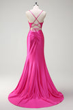Sirène fuchsia scintillante bretelles spaghetti perlé Corset satin longue Robe de soirée avec fente