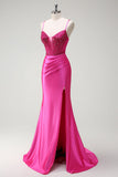 Sirène fuchsia scintillante bretelles spaghetti perlé Corset satin longue Robe de soirée avec fente