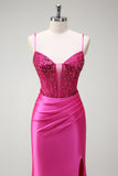 Sirène fuchsia scintillante bretelles spaghetti perlé Corset satin longue Robe de soirée avec fente