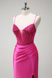 Sirène fuchsia scintillante bretelles spaghetti perlé Corset satin longue Robe de soirée avec fente