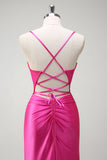 Sirène fuchsia scintillante bretelles spaghetti perlé Corset satin longue Robe de soirée avec fente