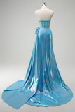 Sirène bleu métallisé sans bretelles Corset fleurs perlé longue Robe de soirée avec fente