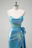 Sirène bleu métallisé sans bretelles Corset fleurs perlé longue Robe de soirée avec fente