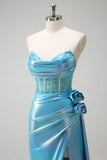 Sirène bleu métallisé sans bretelles Corset fleurs perlé longue Robe de soirée avec fente
