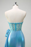 Sirène bleu métallisé sans bretelles Corset fleurs perlé longue Robe de soirée avec fente