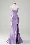 Robe longue de bal grande taille brodée en sirène lilas avec fente