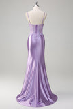 Robe longue de bal grande taille brodée en sirène lilas avec fente