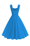 Robe midi trapèze à col carré bleu des années 1950