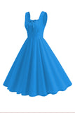 Robe midi trapèze à col carré bleu des années 1950