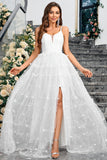 Blanc A-ligne spaghetti bretelles appliques tulle longue robe de soirée de mariage avec fente