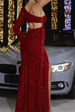 Robe de bal sirène à franges à manches creuses rouges scintillantes avec fente