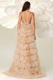 Champagne Une ligne Sweetheart Corset Robe de Bal Longue En Tulle Avec Fente