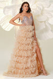 Champagne Une ligne Sweetheart Corset Robe de Bal Longue En Tulle Avec Fente