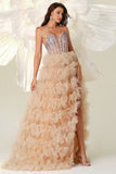 Champagne Une ligne Sweetheart Corset Robe de Bal Longue En Tulle Avec Fente