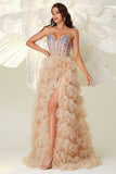 Champagne Une ligne Sweetheart Corset Robe de Bal Longue En Tulle Avec Fente