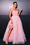 Rose A Ligne Tulle Fente Robe Longue de Bal Avec Appliques