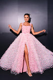 Rose A Ligne Tulle Fente Robe Longue de Bal Avec Appliques