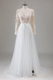 Robe de mariée ivoire à manches longues à col en V appliquée avec fente