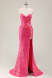 Robe de bal longue sans bretelles sirène fuchsia scintillante avec fente