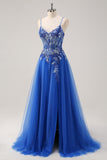 Bleu royal Une ligne spaghetti bretelles Corset Tulle Robe de bal avec broderie